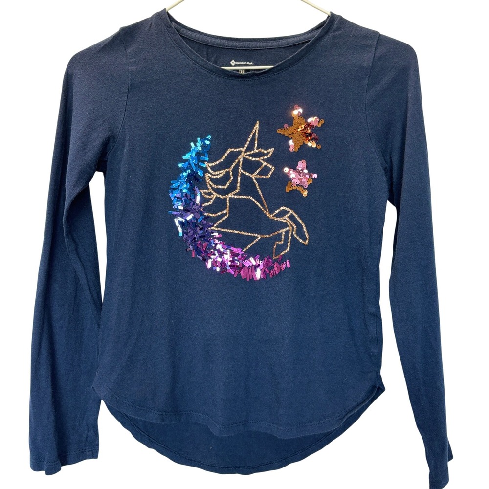 Girls Member's Mark Long Sleeve T Shirt Blue Unicorn Sequin Top Size 10/12